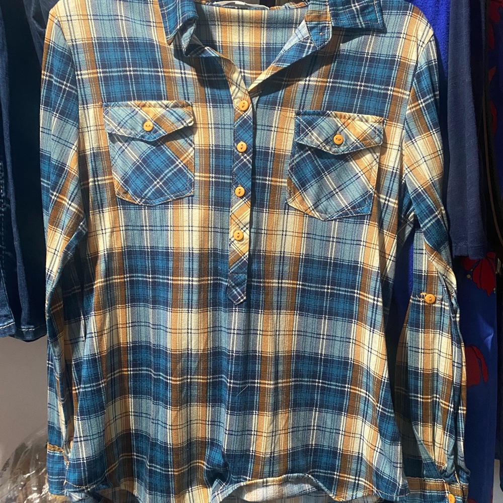 Blue and Yellow Plaid Button-Up Shirt